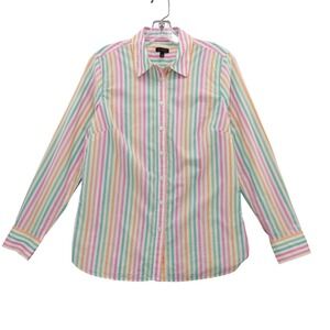 Talbots Striped Button Down Shirt Women's Size S Pastel Pink Green Orange Career